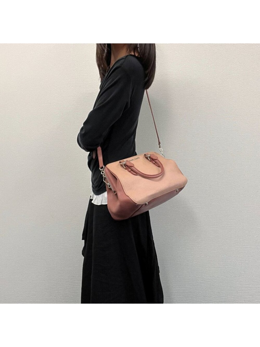 Miu Miu Bicolor Logo Ring 2-Way Boston Shoulder Bag Leather Beige Pink Silver
